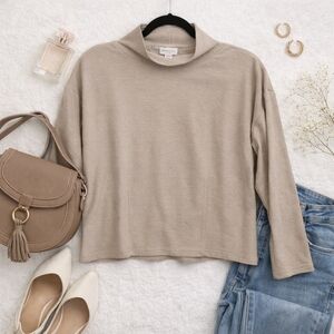 Vintage Express Tricot Mock Neck Top Large | 90s Minimalist Beige Smocked